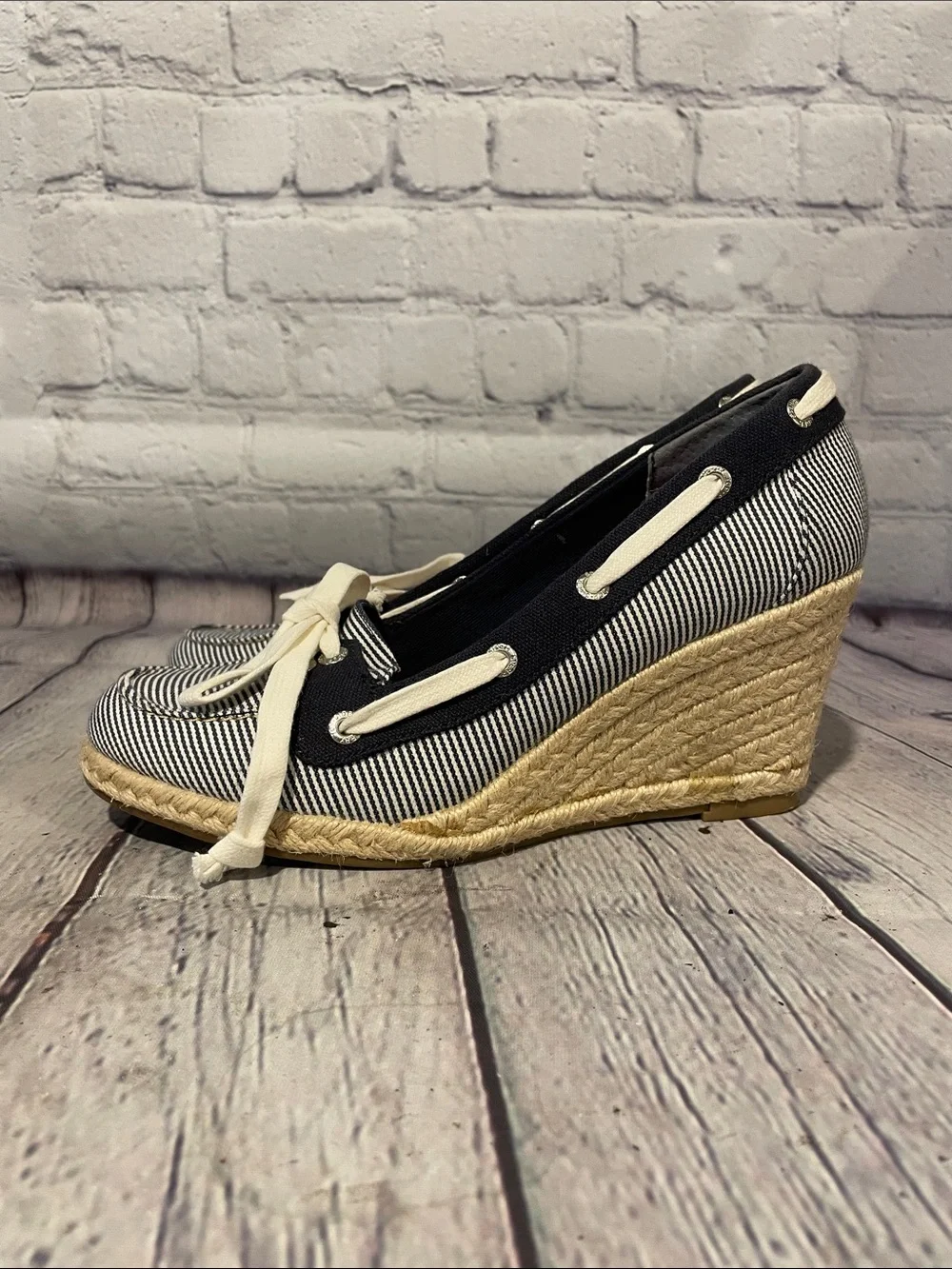 Sperry Black & White Striped Espadrille Wedge Boat Shoes - Women